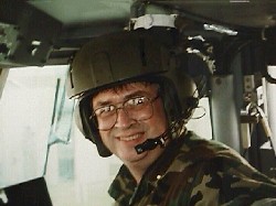 Dr. Hughey in the cockpit of a Landing Craft Air Cushion (LCAC)